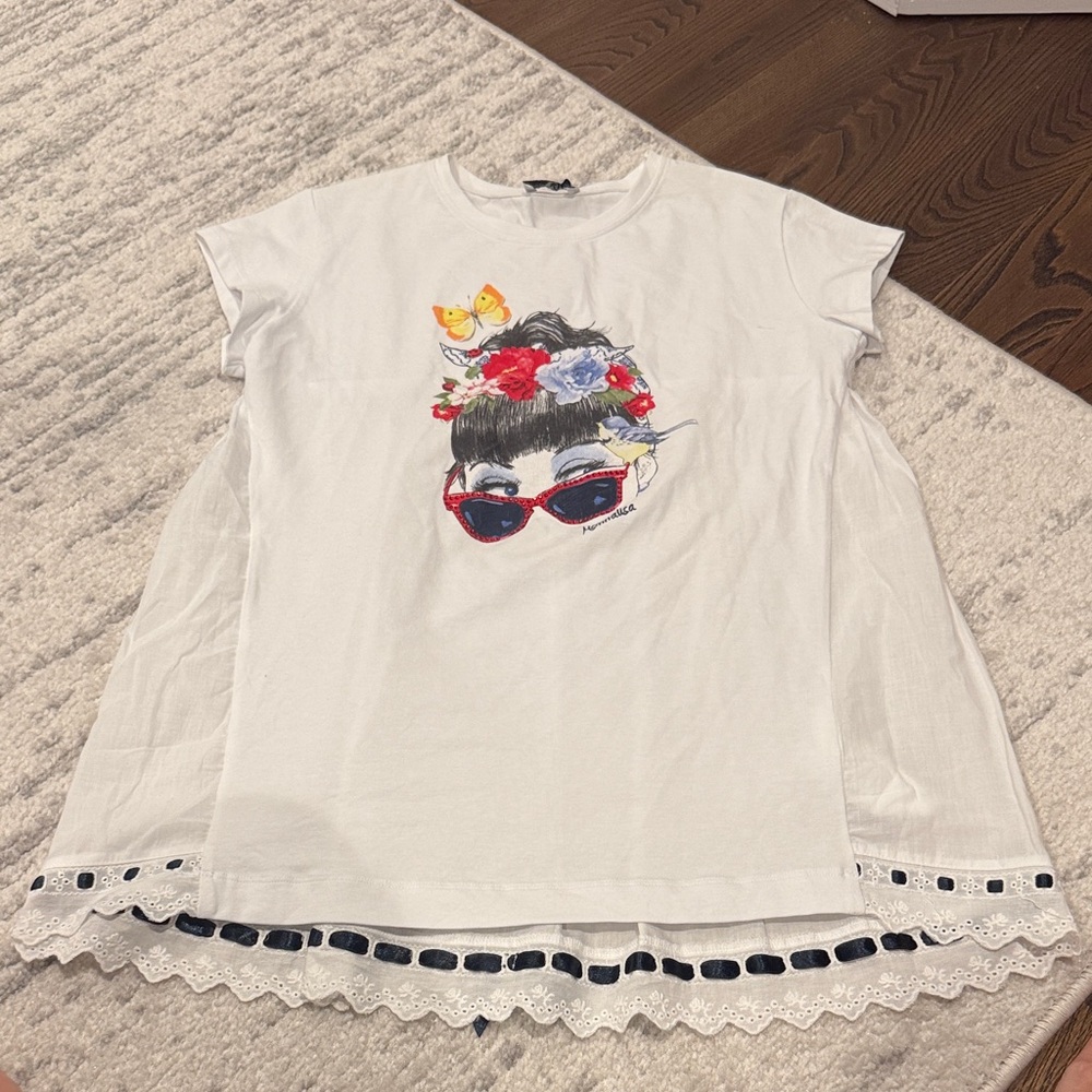 MonnaLisa White Tee with Floral and Sunglasses Graphic